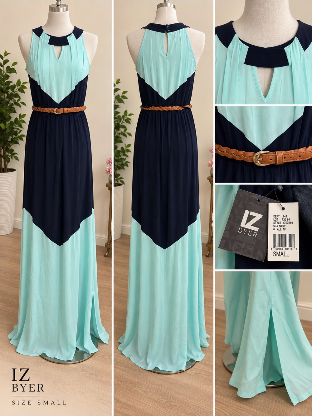 Iz Byer Navy and Mint Colorblock Maxi Dress